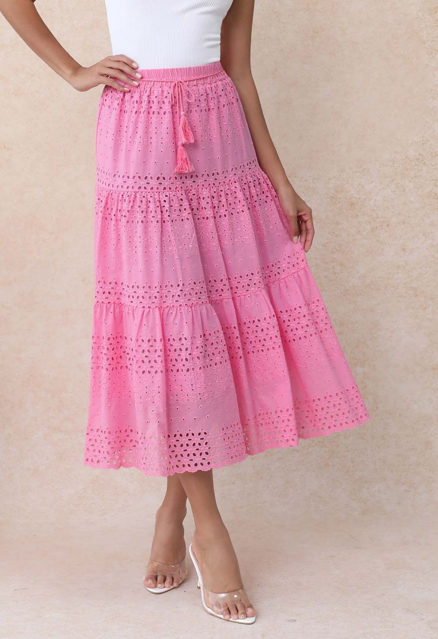 Floret Embroidered Eyelet Cotton Midi Skirt in Hot Pink