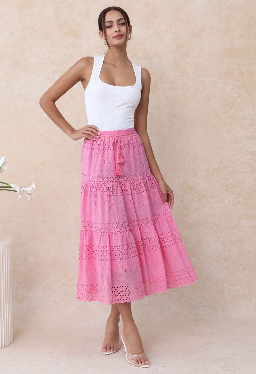 Floret Embroidered Eyelet Cotton Midi Skirt in Hot Pink