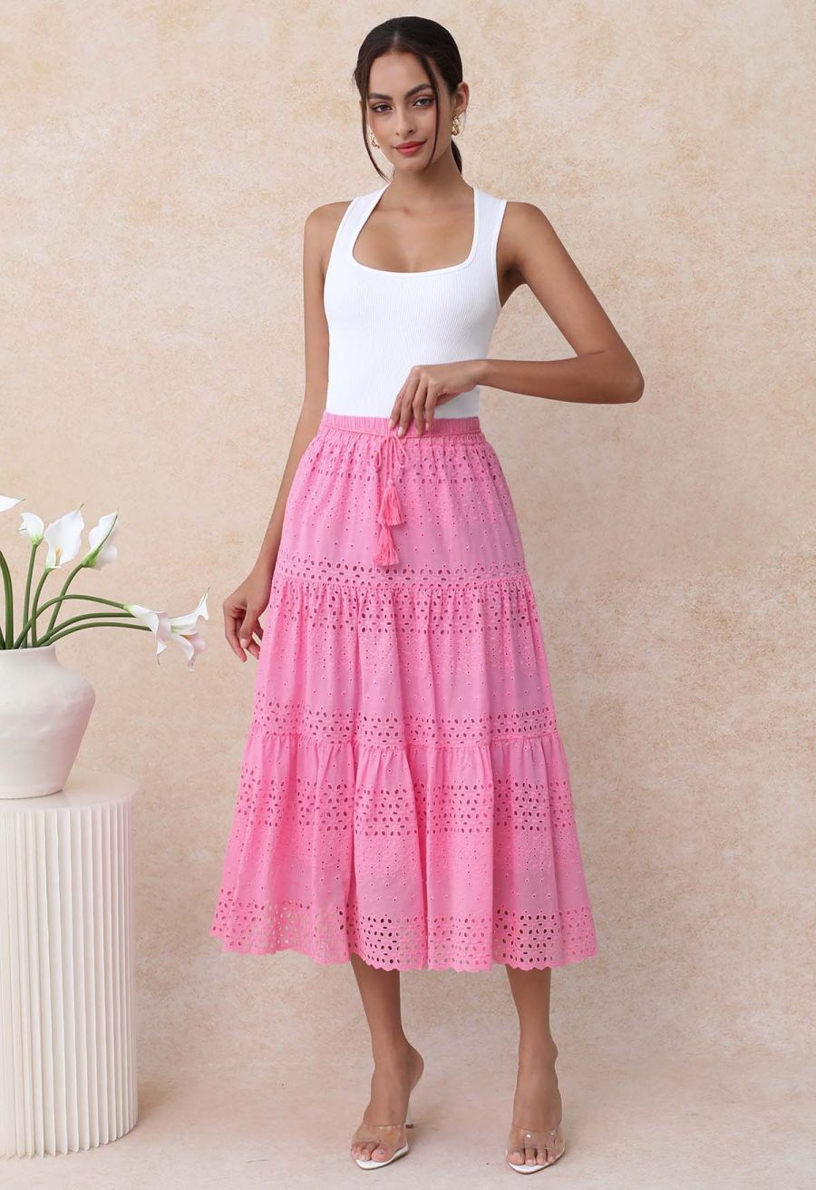 Floret Embroidered Eyelet Cotton Midi Skirt in Hot Pink