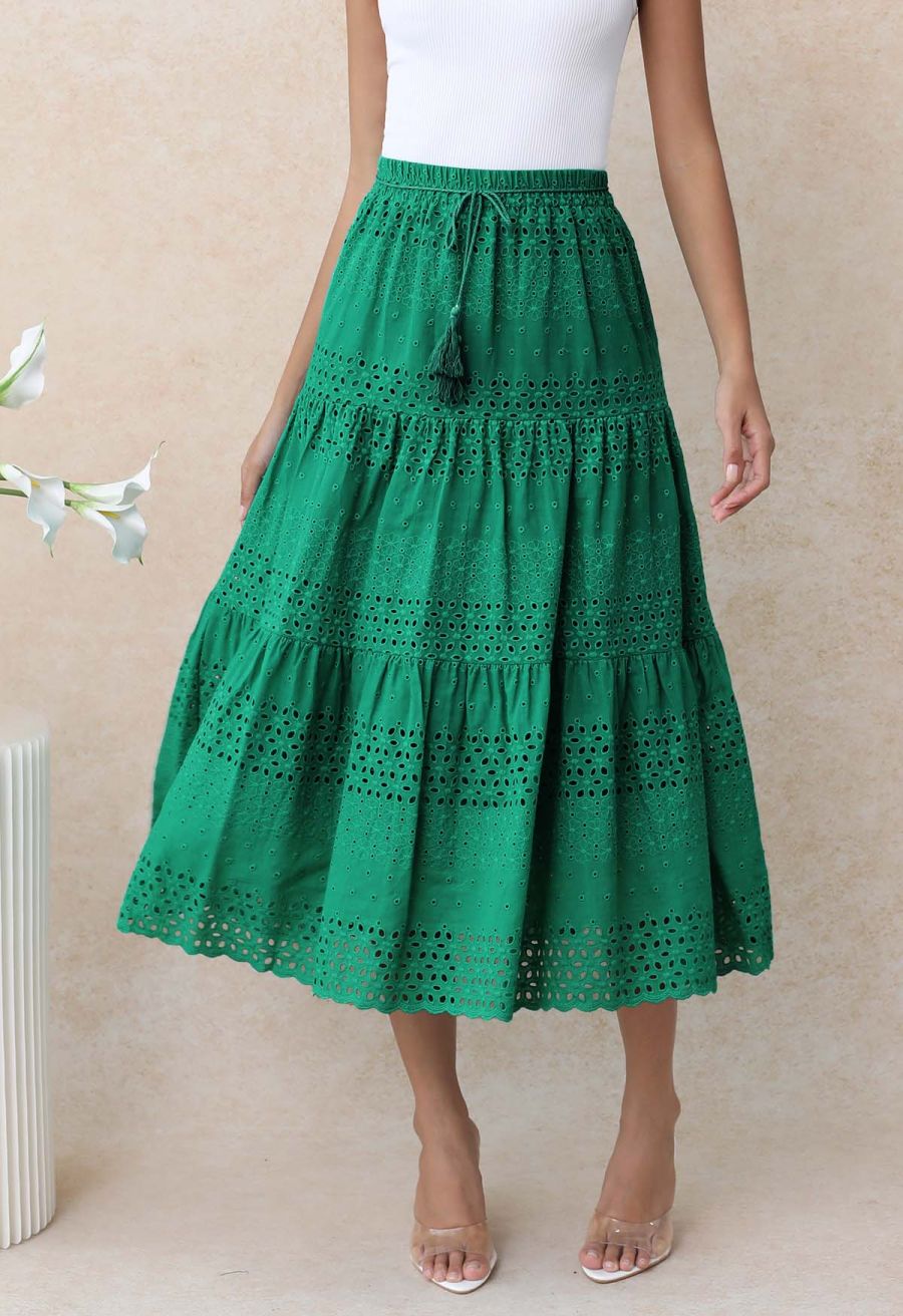 Floret Embroidered Eyelet Cotton Midi Skirt in Dark Green