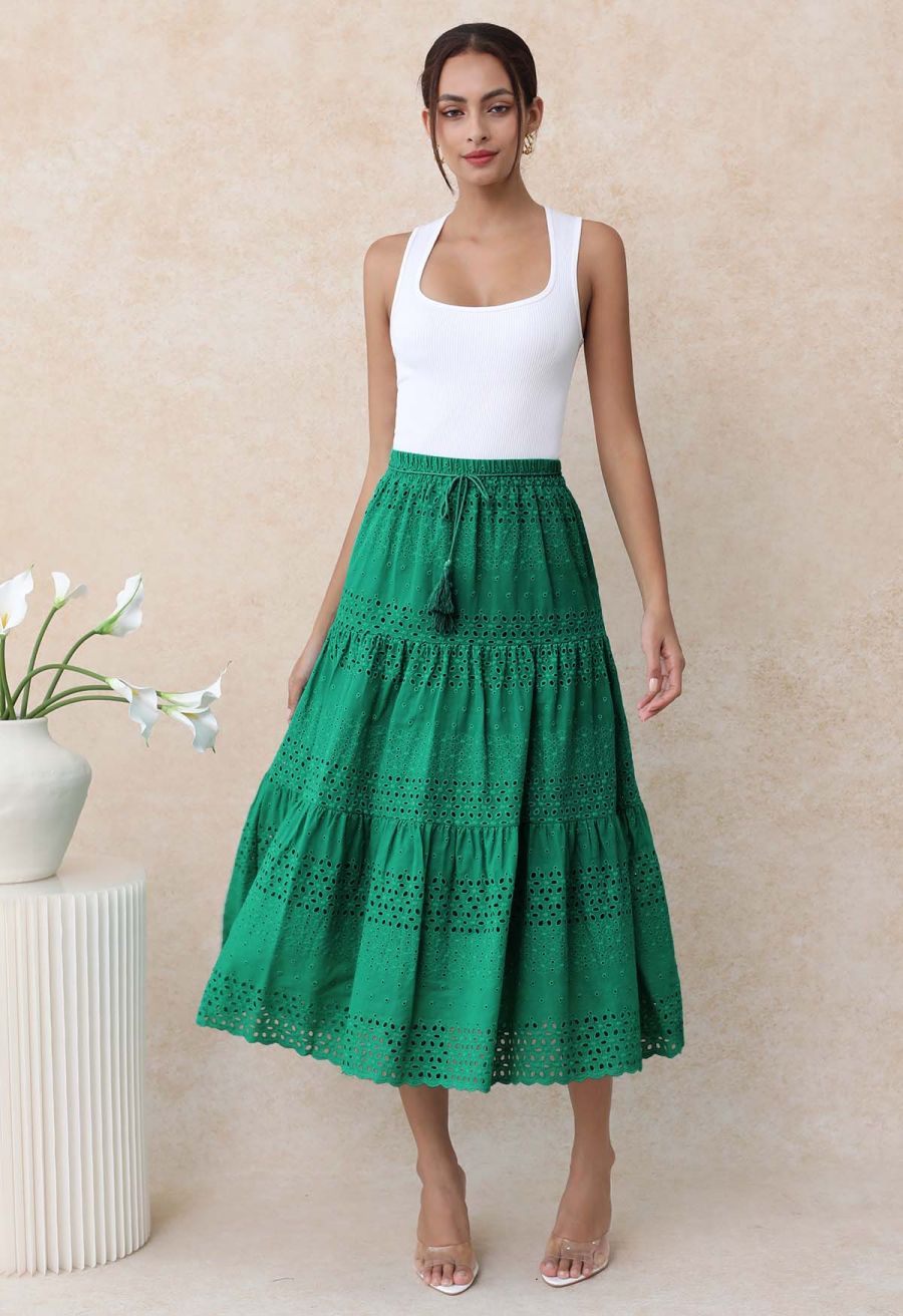 Floret Embroidered Eyelet Cotton Midi Skirt in Dark Green