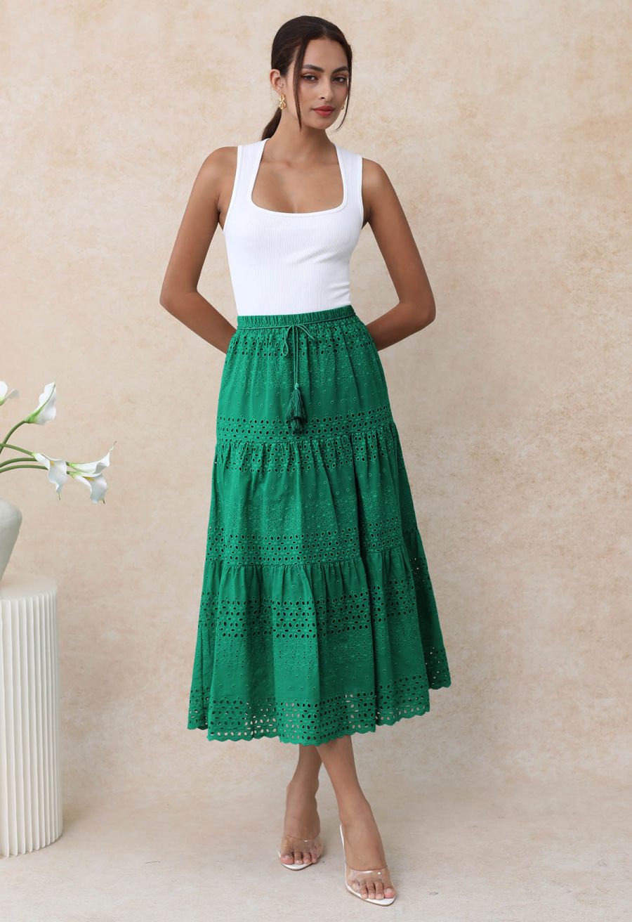 Floret Embroidered Eyelet Cotton Midi Skirt in Dark Green