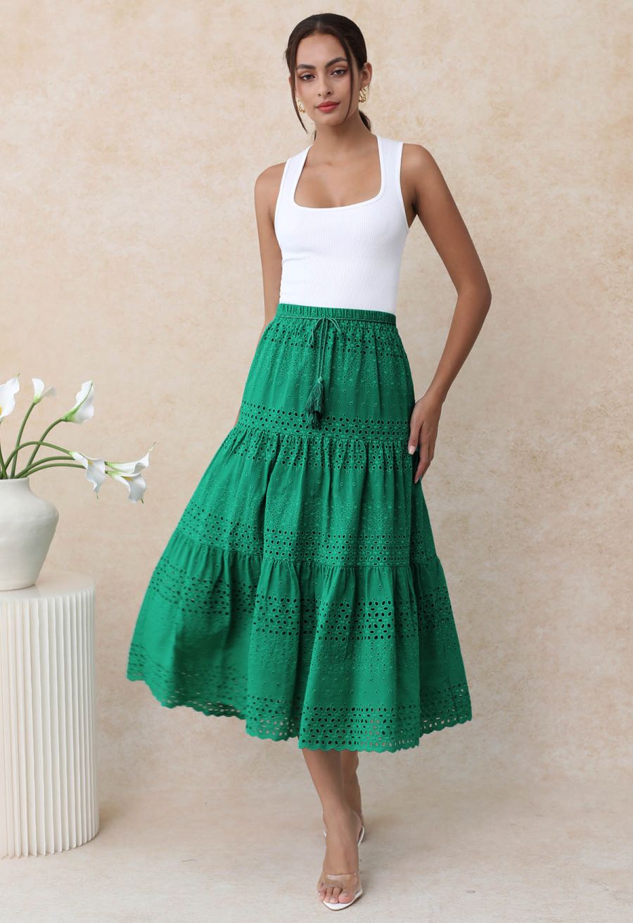 Floret Embroidered Eyelet Cotton Midi Skirt in Dark Green