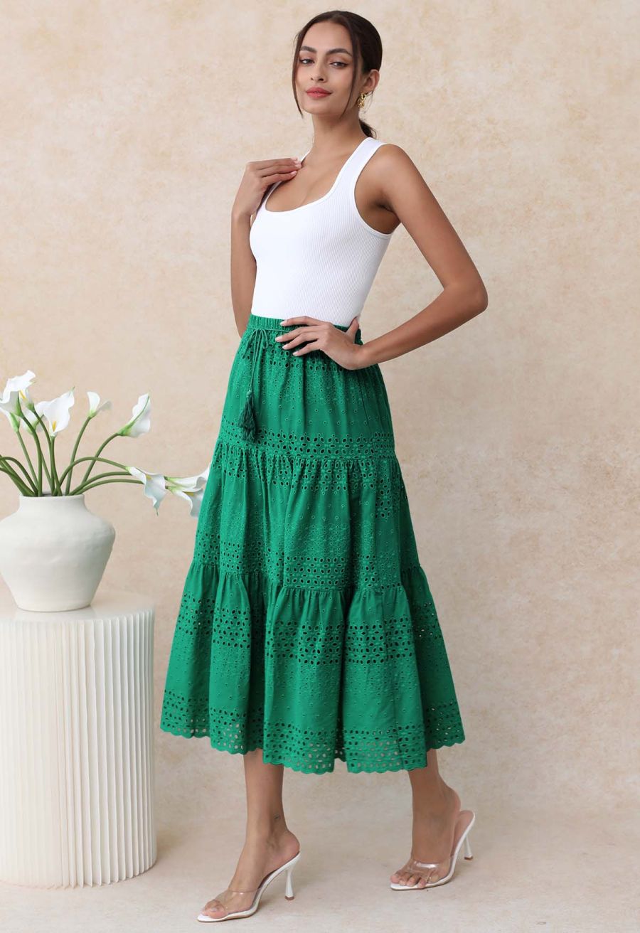 Floret Embroidered Eyelet Cotton Midi Skirt in Dark Green
