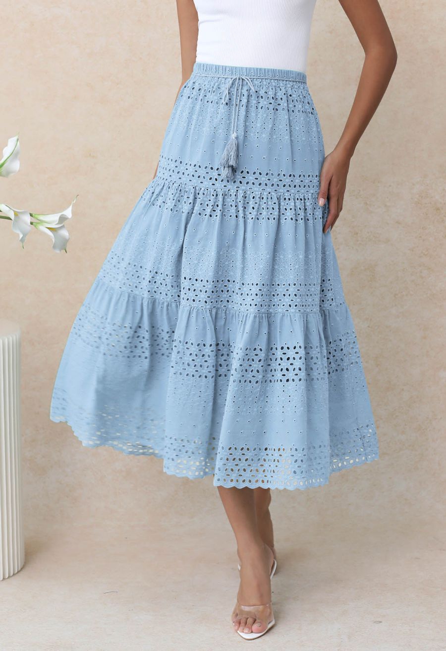 Floret Embroidered Eyelet Cotton Midi Skirt in Light Blue