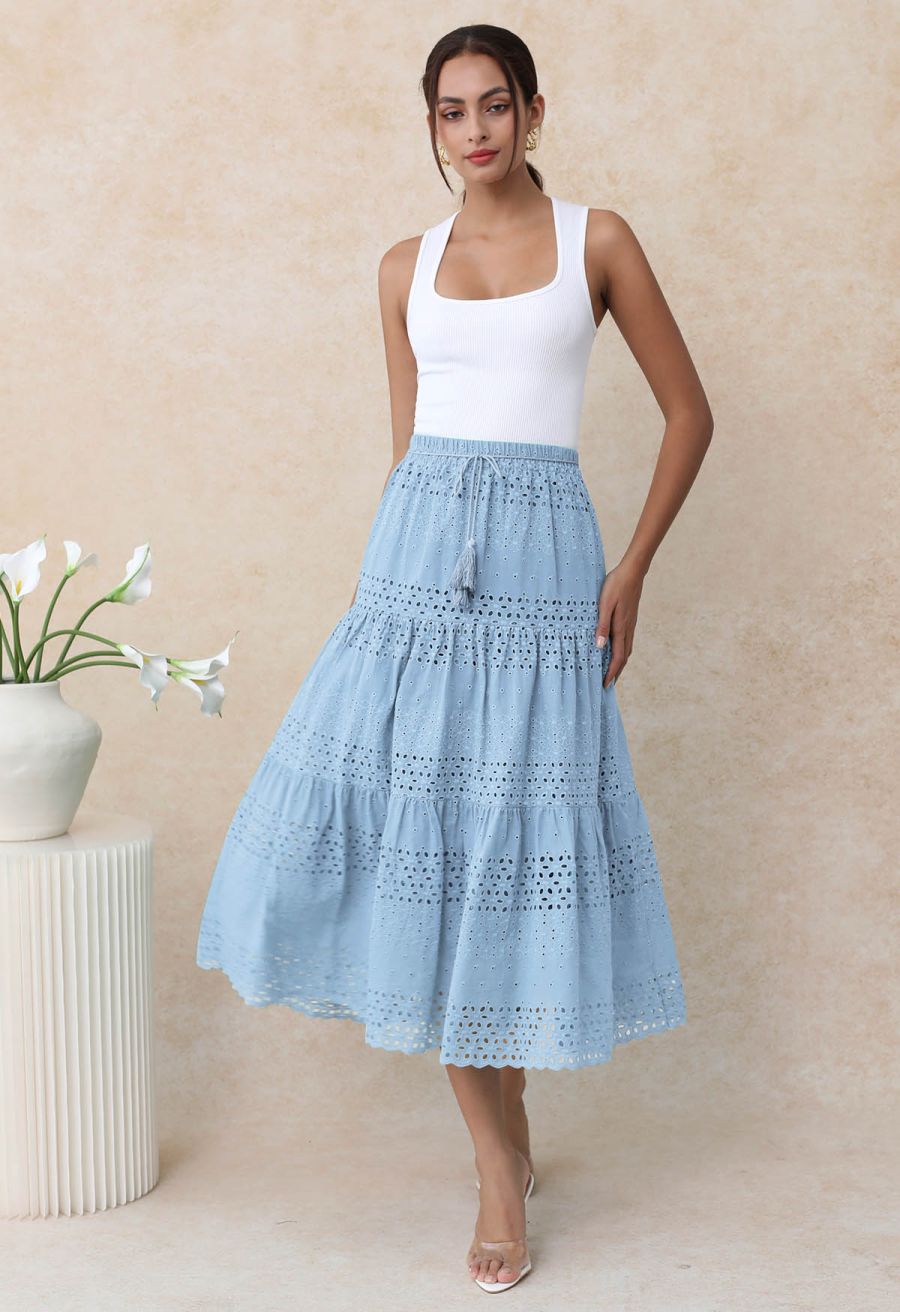 Floret Embroidered Eyelet Cotton Midi Skirt in Light Blue
