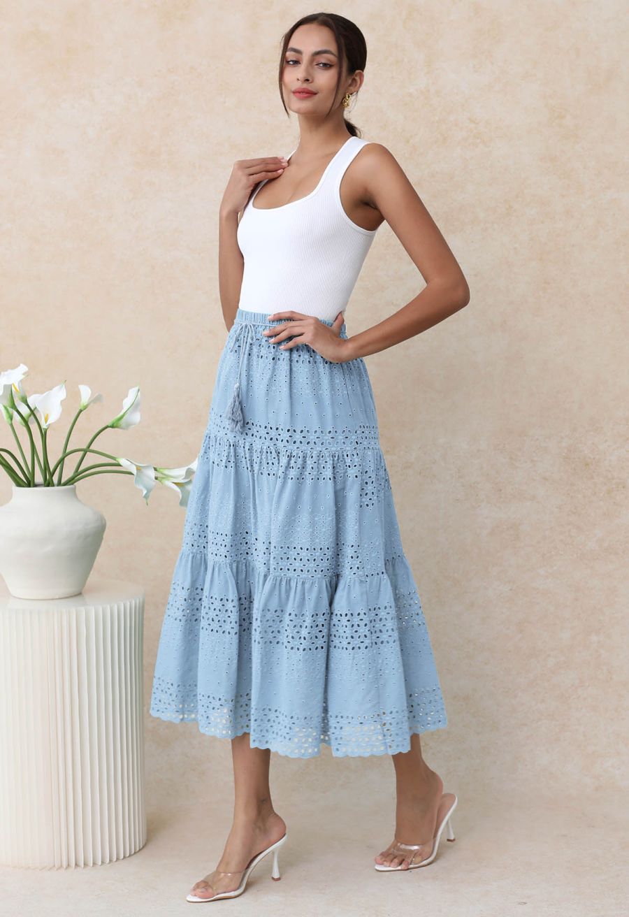 Floret Embroidered Eyelet Cotton Midi Skirt in Light Blue
