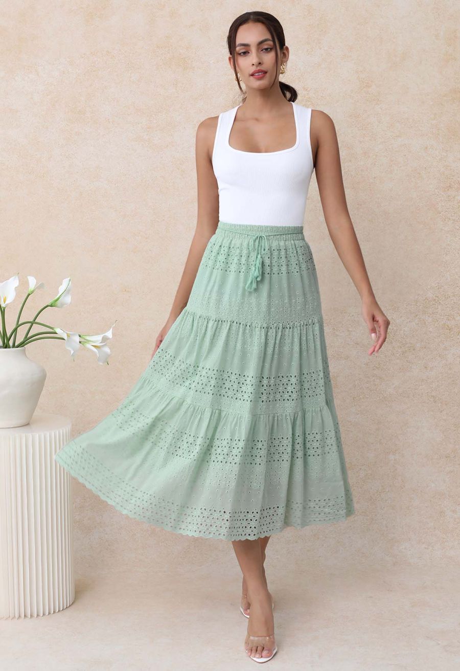 Floret Embroidered Eyelet Cotton Midi Skirt in Pea Green