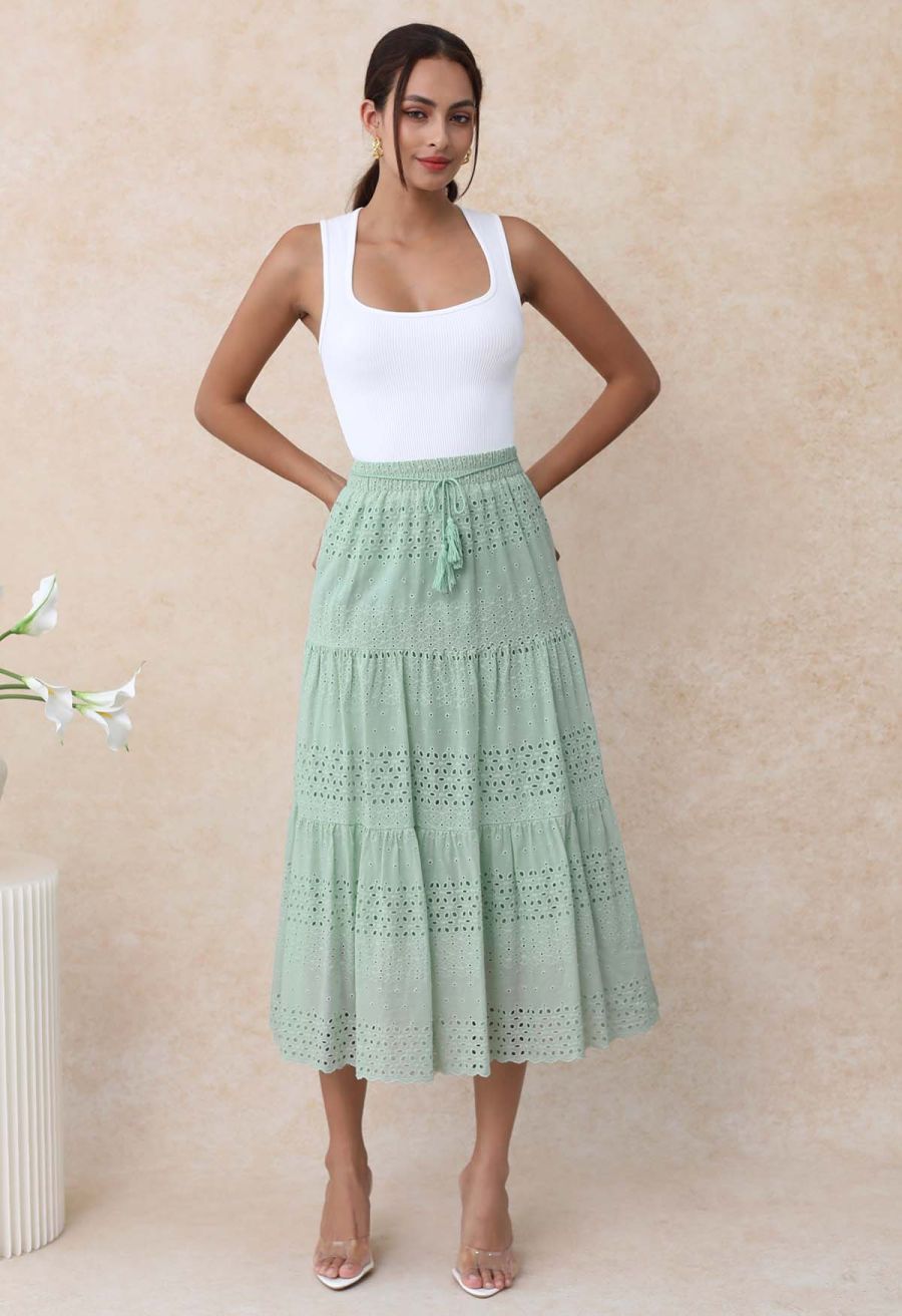 Floret Embroidered Eyelet Cotton Midi Skirt in Pea Green