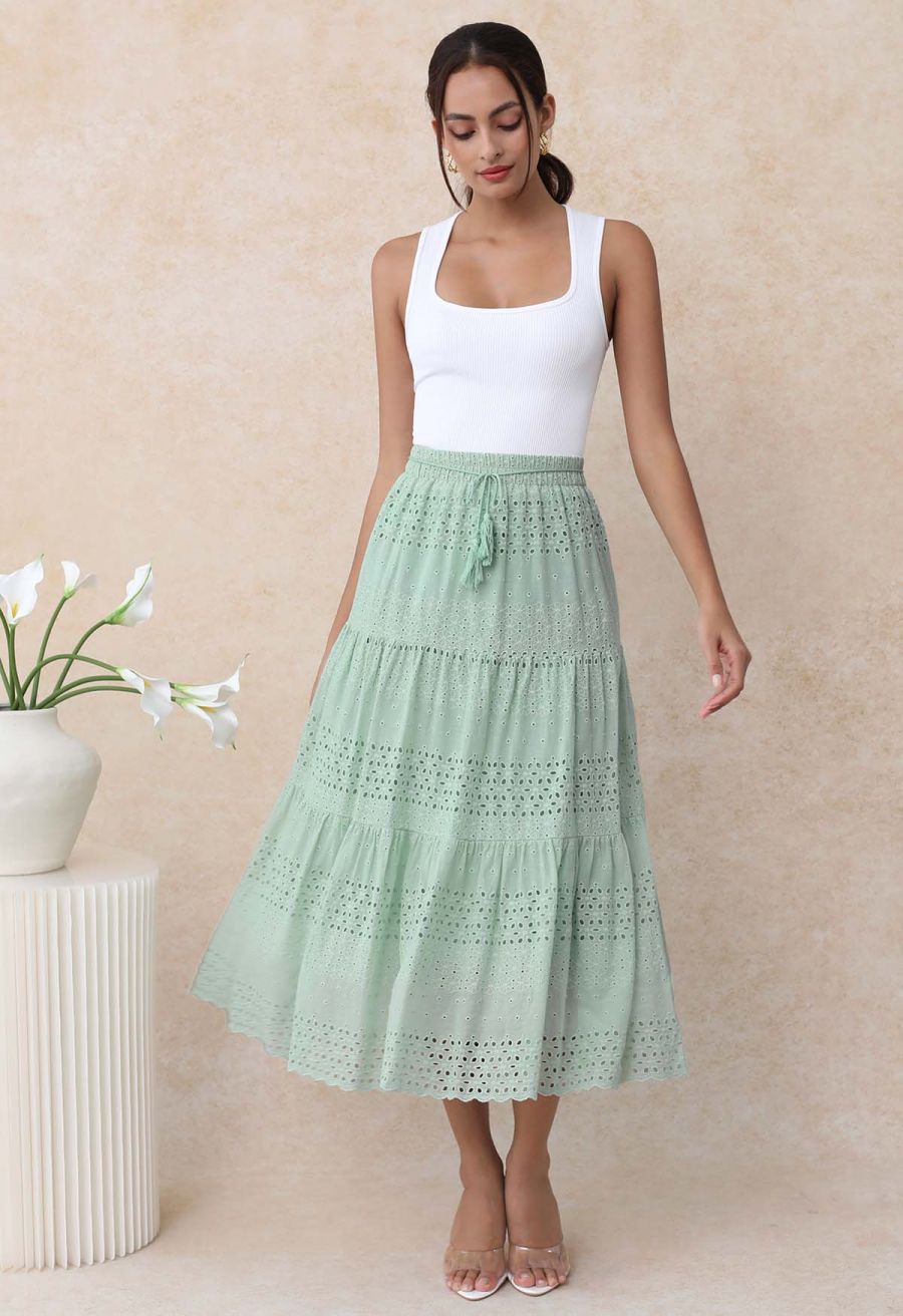 Floret Embroidered Eyelet Cotton Midi Skirt in Pea Green