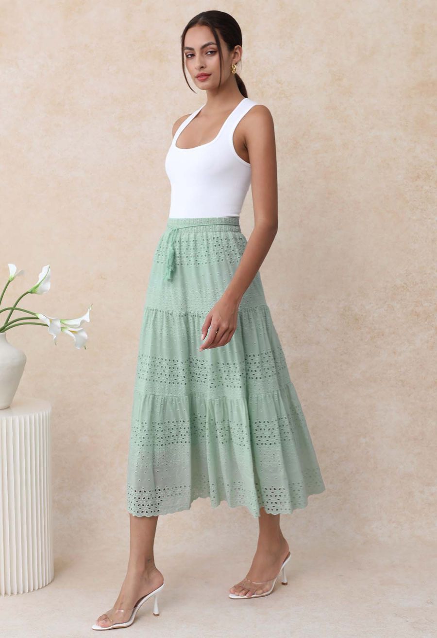 Floret Embroidered Eyelet Cotton Midi Skirt in Pea Green