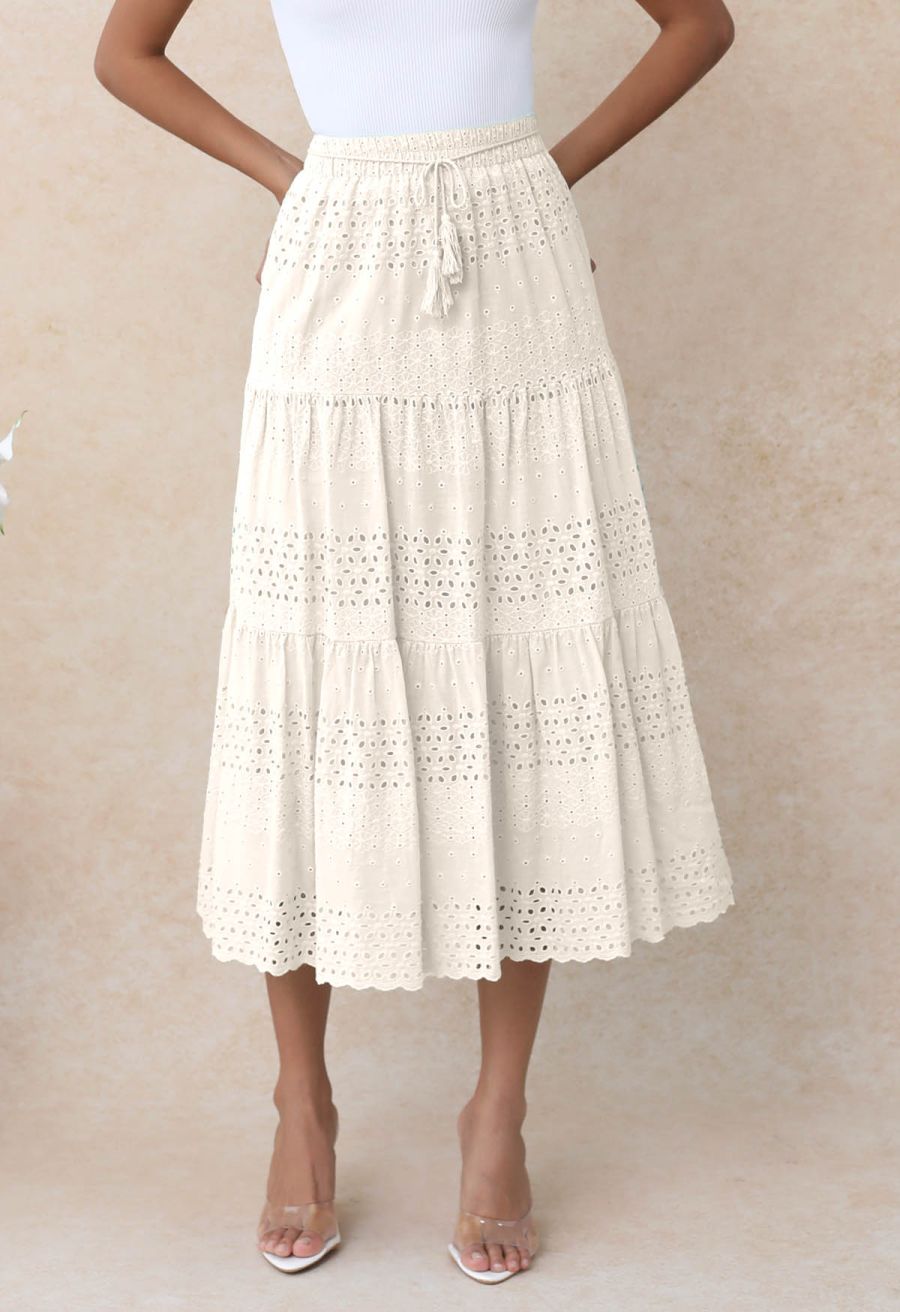 Floret Embroidered Eyelet Cotton Midi Skirt in Cream