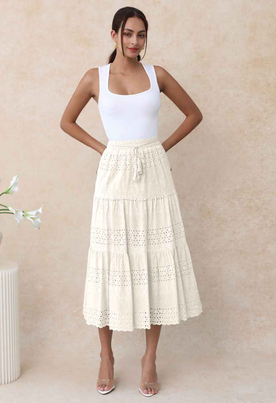 Floret Embroidered Eyelet Cotton Midi Skirt in Cream