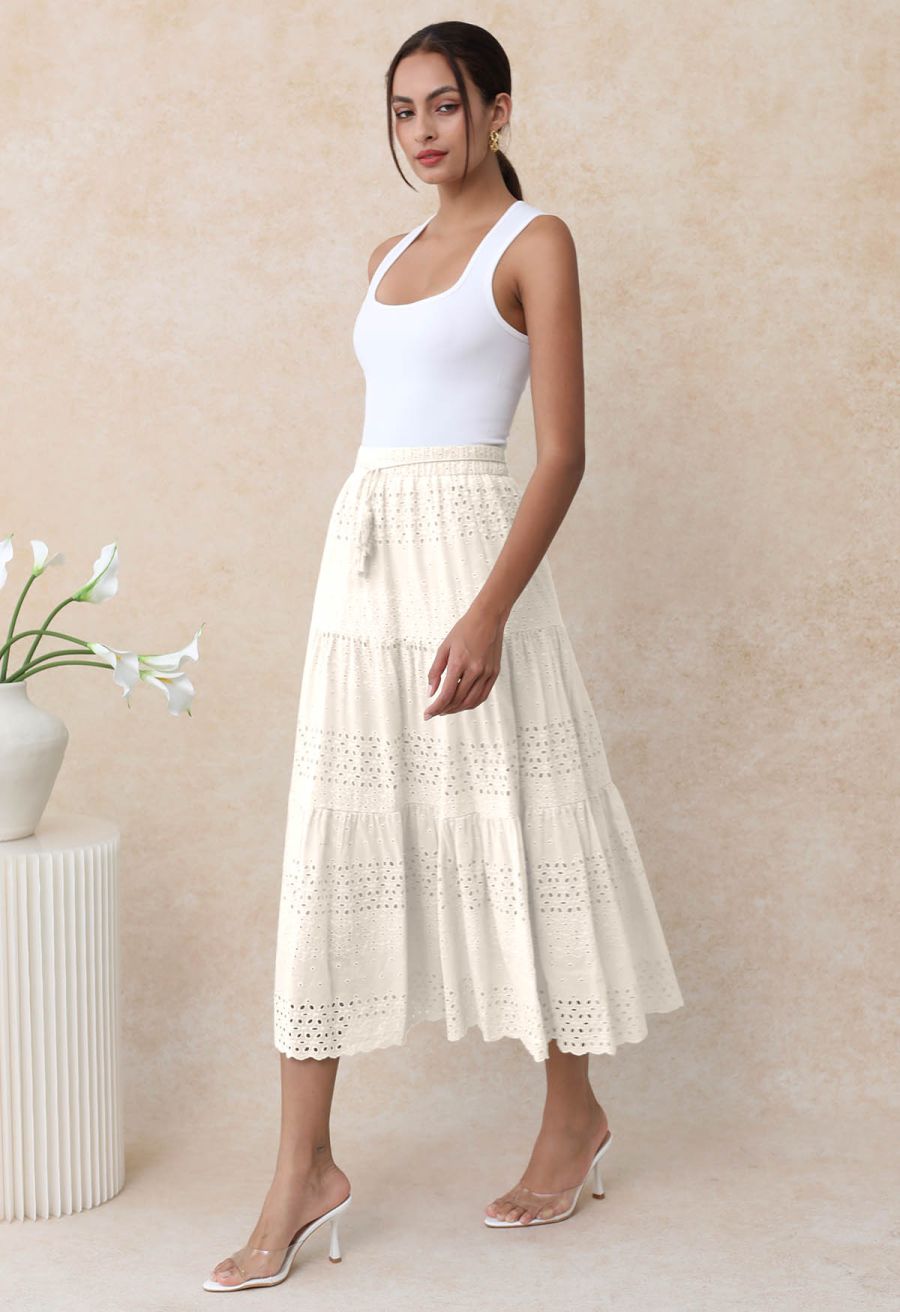 Floret Embroidered Eyelet Cotton Midi Skirt in Cream