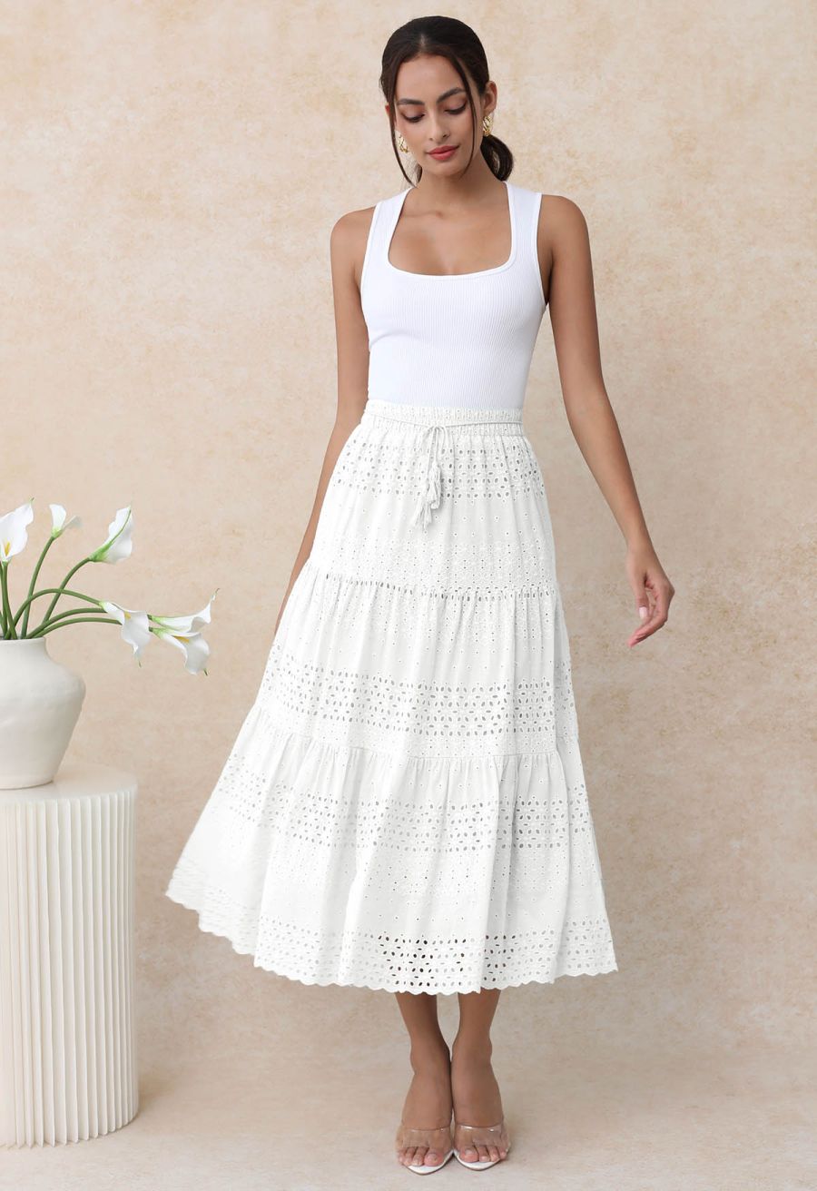 Floret Embroidered Eyelet Cotton Midi Skirt in White