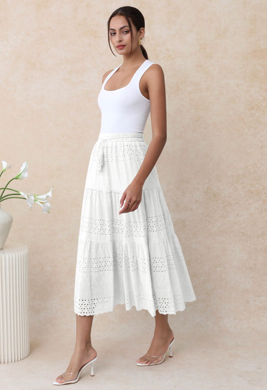 Floret Embroidered Eyelet Cotton Midi Skirt in White