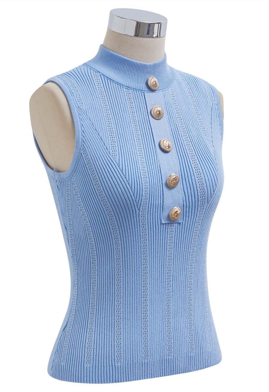 Golden Button Trim Sleeveless Rib Knit Top in Blue