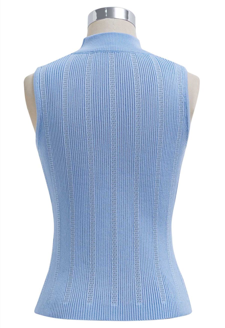 Golden Button Trim Sleeveless Rib Knit Top in Blue