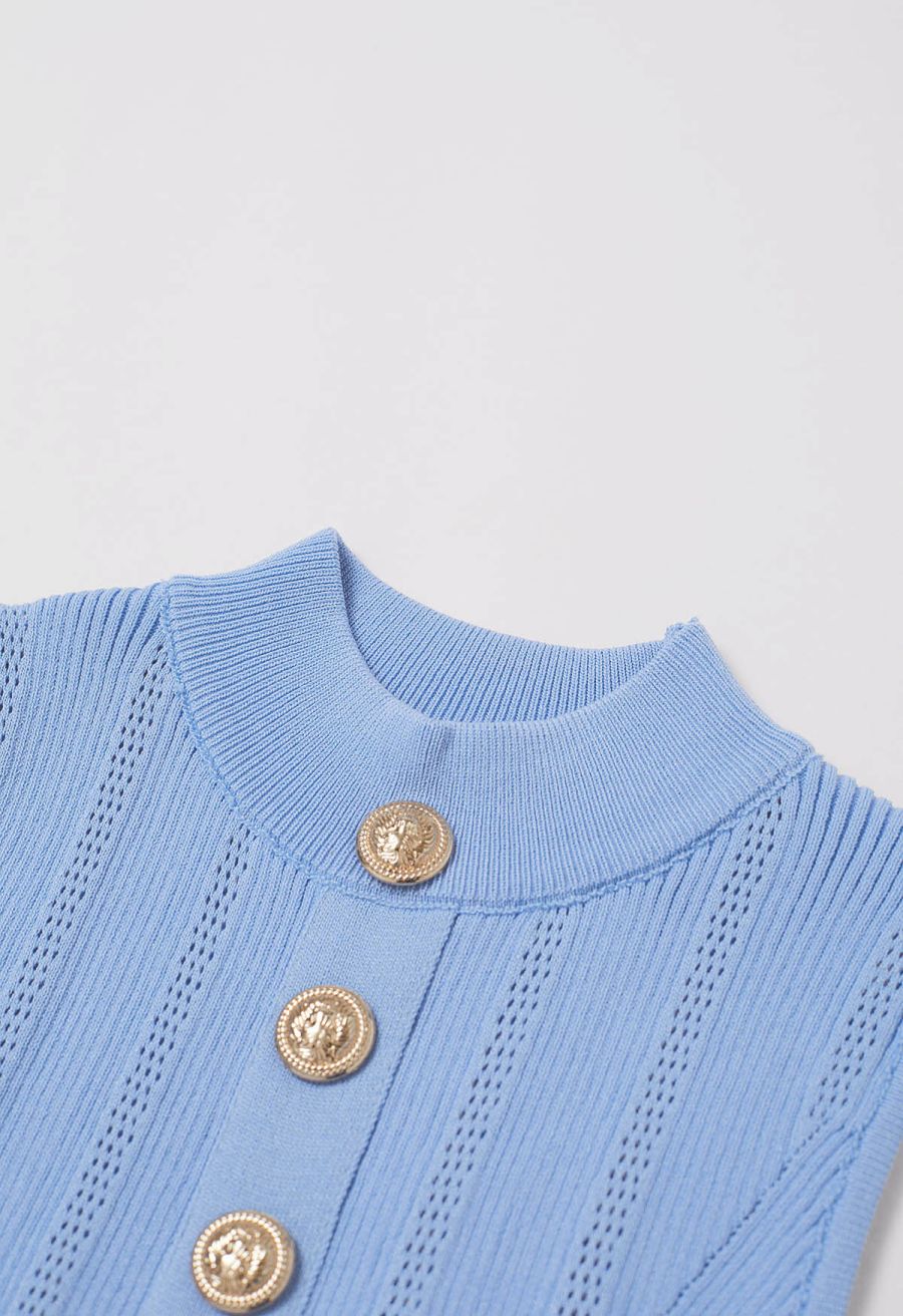 Golden Button Trim Sleeveless Rib Knit Top in Blue
