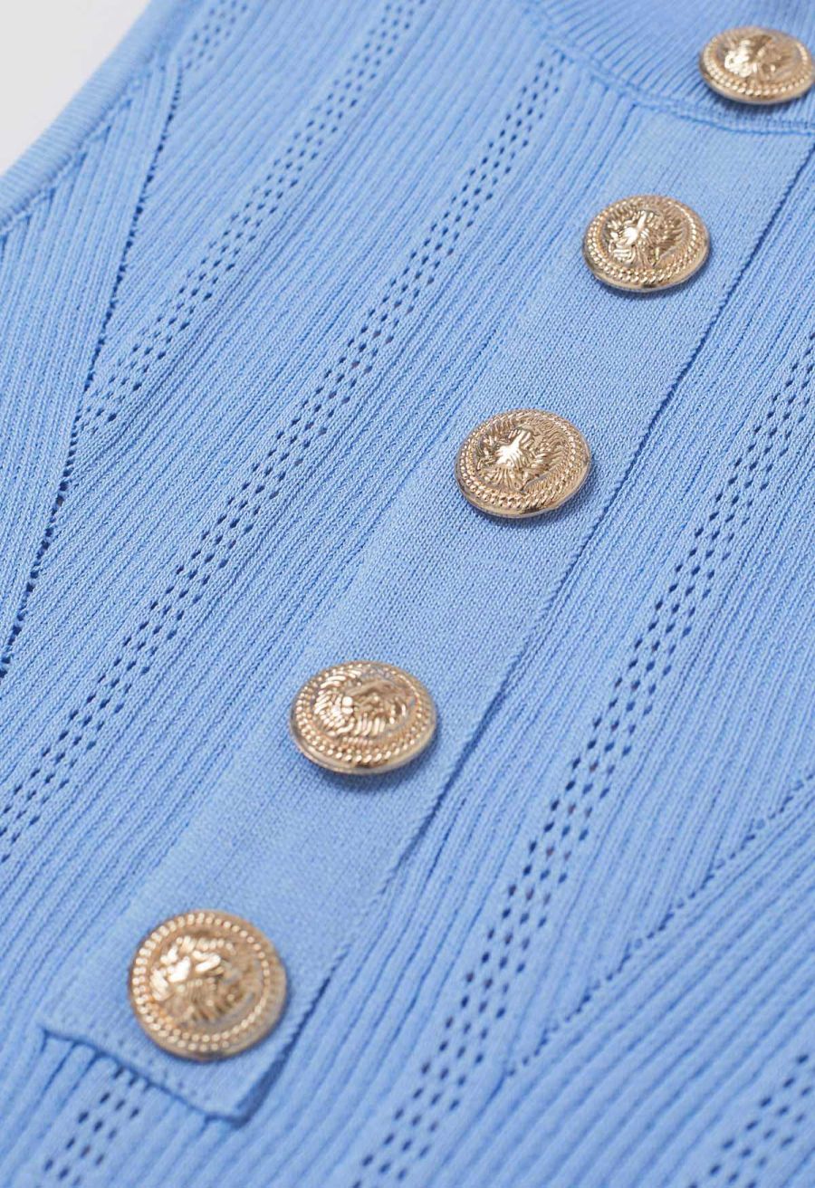 Golden Button Trim Sleeveless Rib Knit Top in Blue