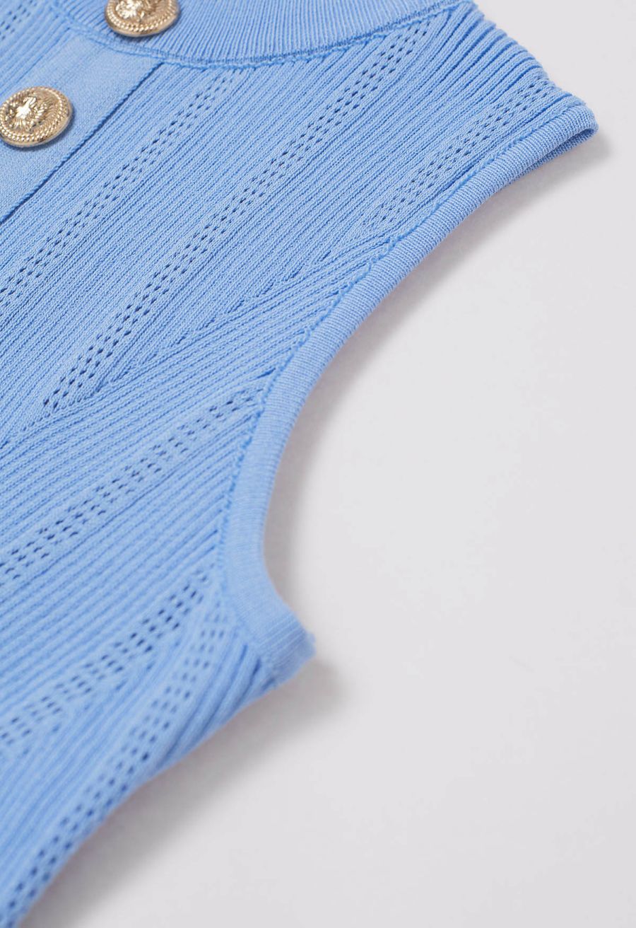 Golden Button Trim Sleeveless Rib Knit Top in Blue