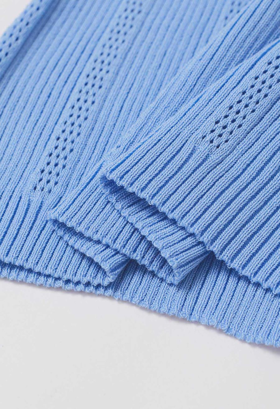 Golden Button Trim Sleeveless Rib Knit Top in Blue