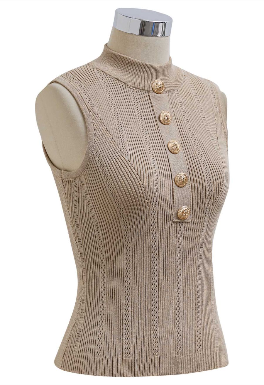 Golden Button Trim Sleeveless Rib Knit Top in Tan