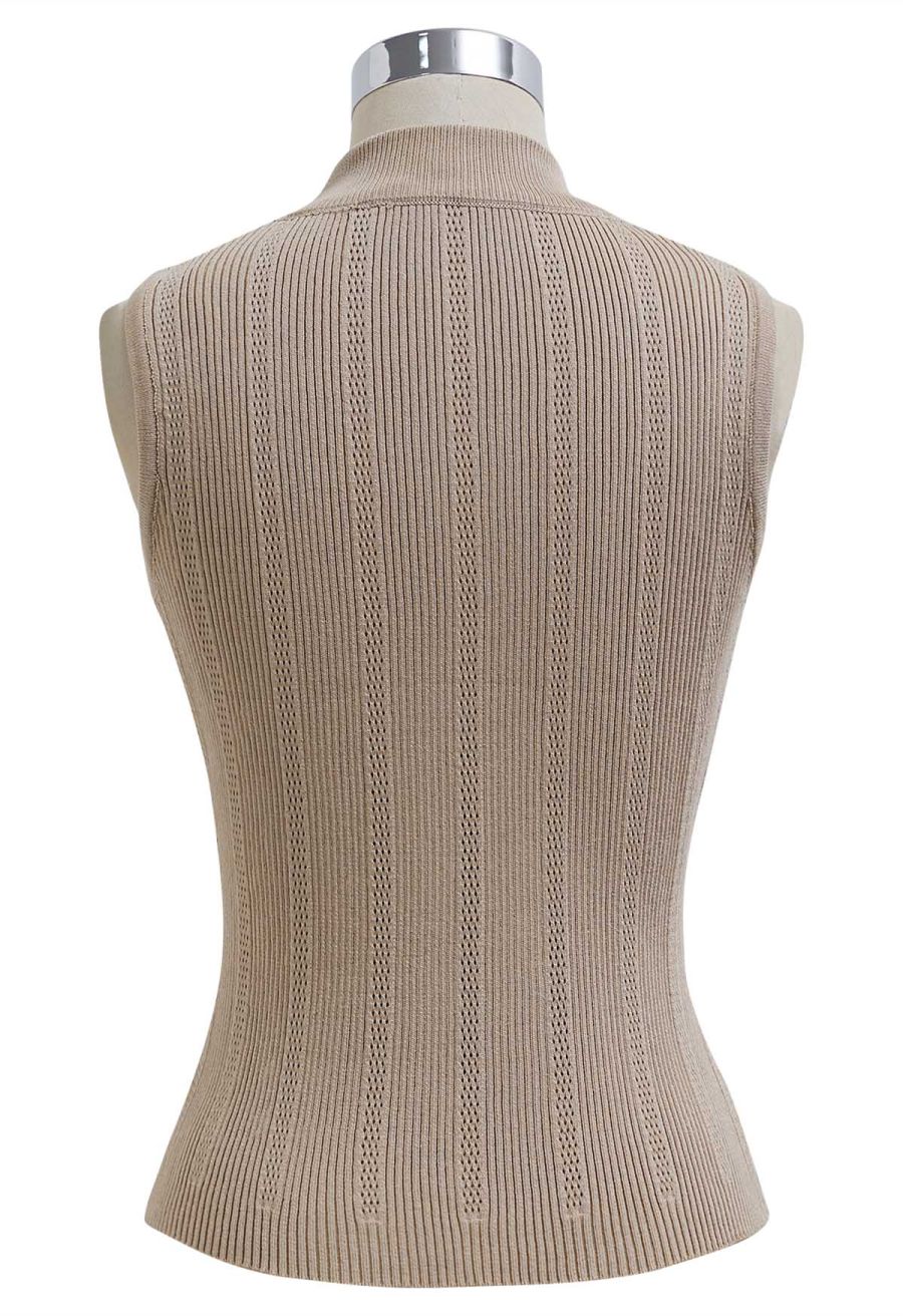 Golden Button Trim Sleeveless Rib Knit Top in Tan