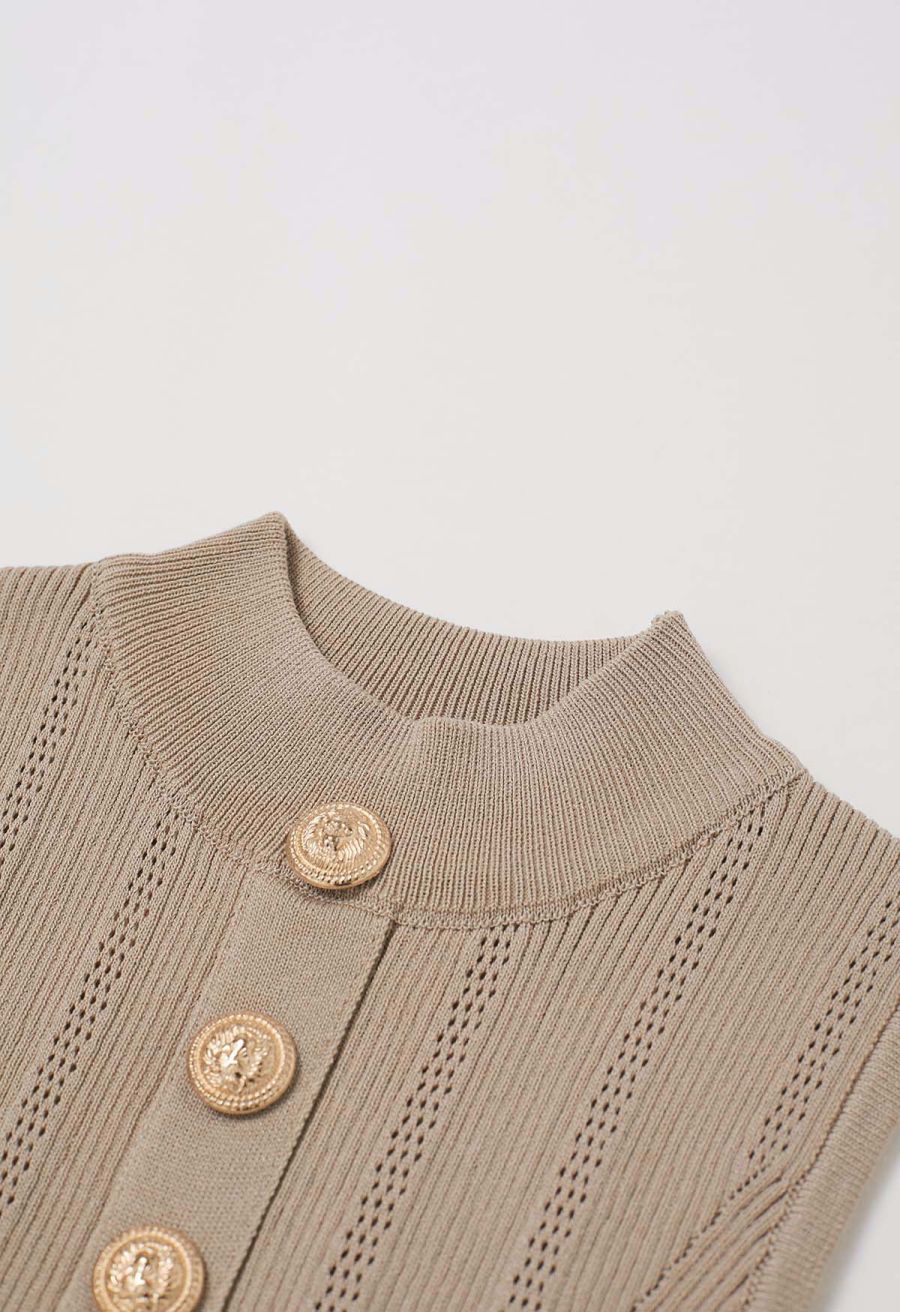 Golden Button Trim Sleeveless Rib Knit Top in Tan