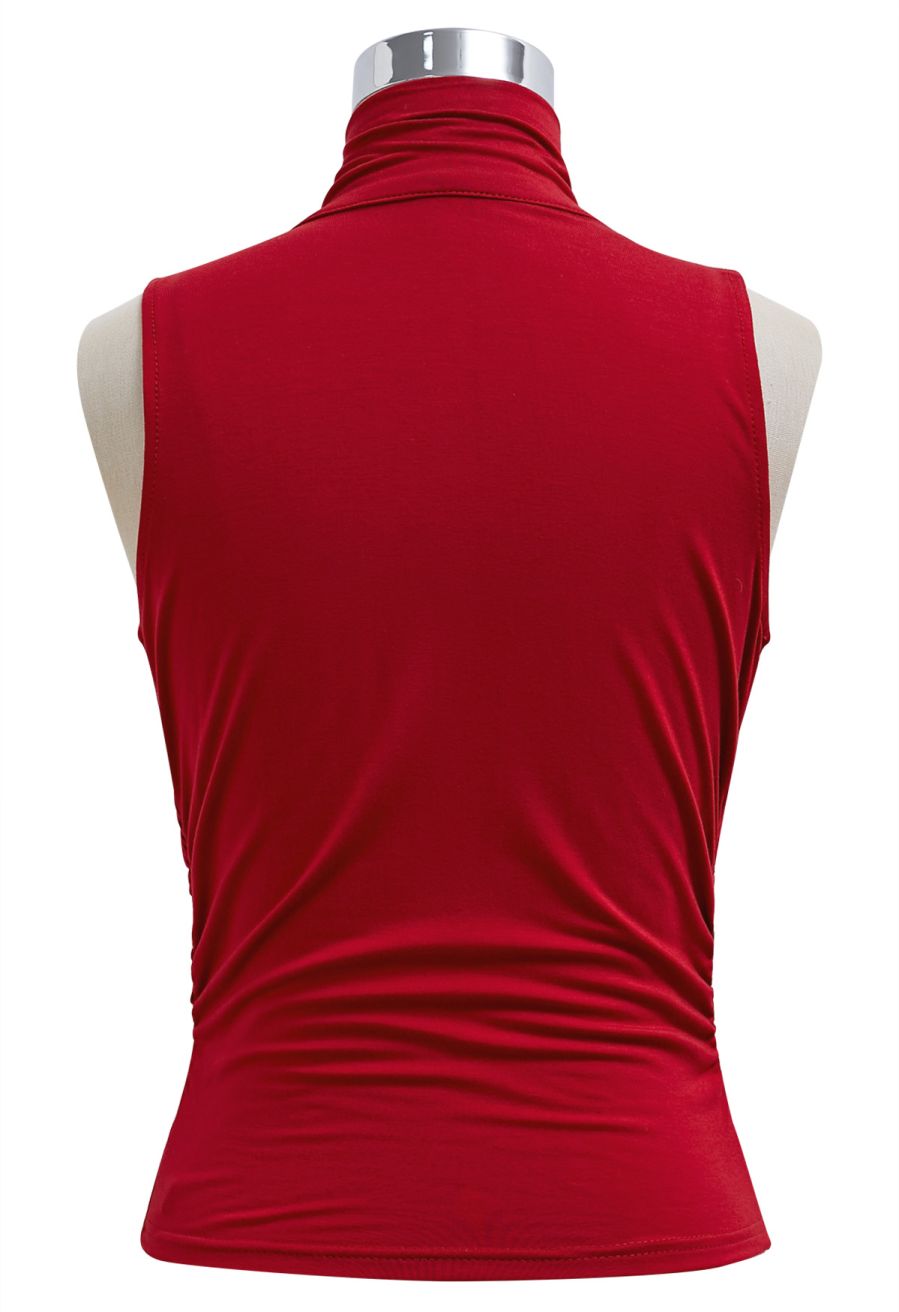Self-Tie Bowknot Cowl Neck Ruched Top in Red