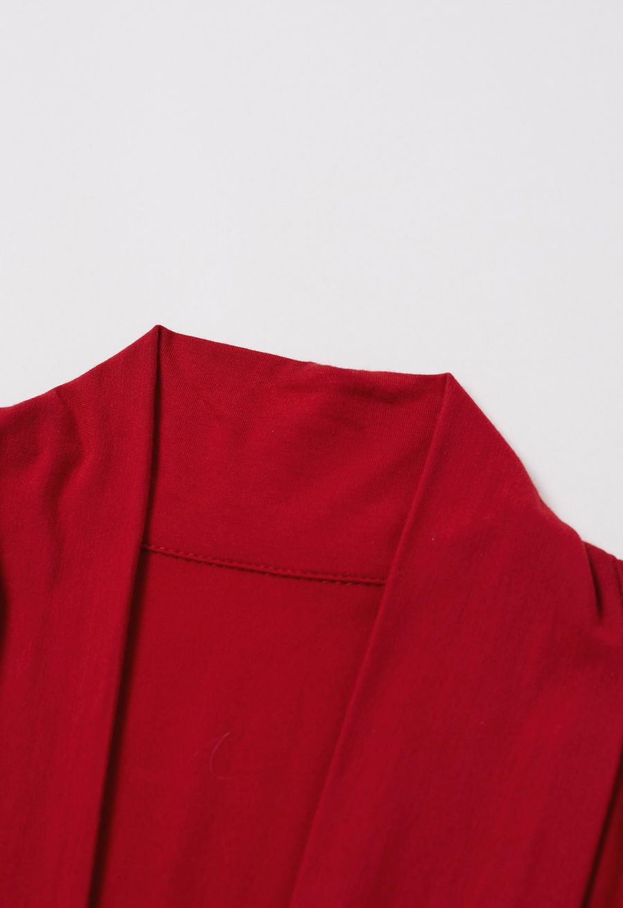 Self-Tie Bowknot Cowl Neck Ruched Top in Red
