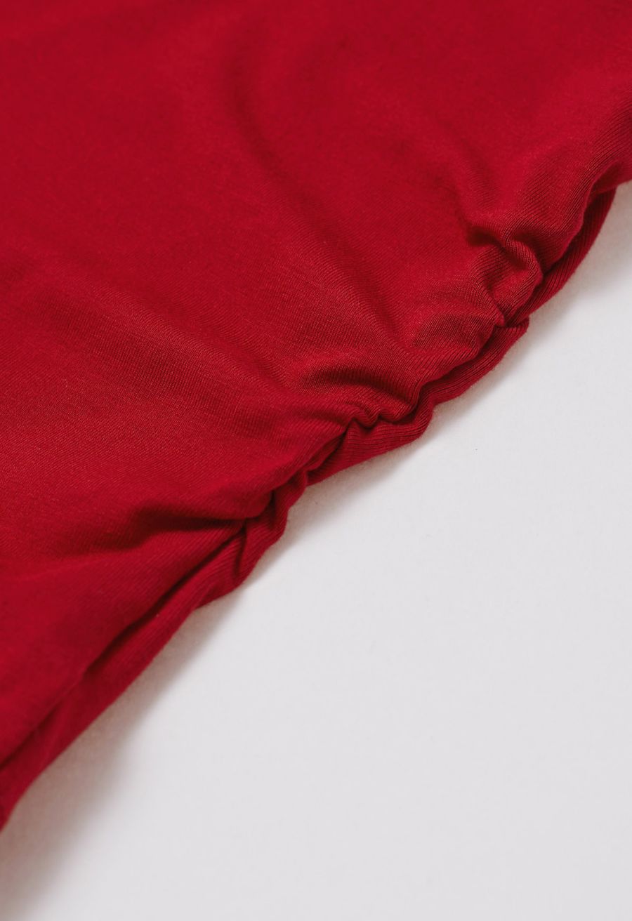 Self-Tie Bowknot Cowl Neck Ruched Top in Red