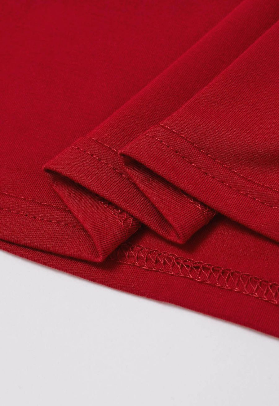 Self-Tie Bowknot Cowl Neck Ruched Top in Red