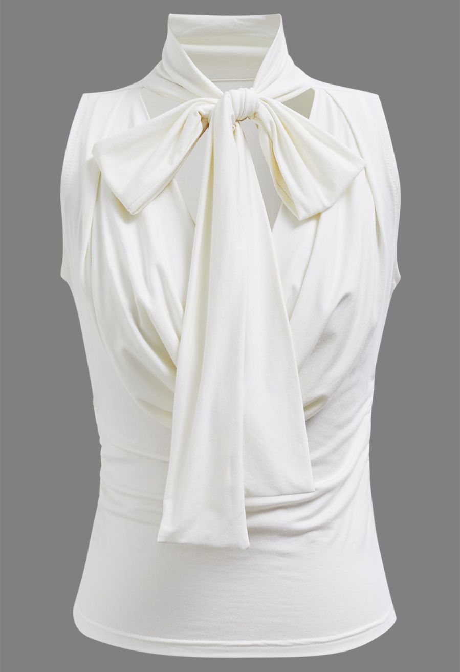 Self-Tie Bowknot Cowl Neck Ruched Top in Ivory