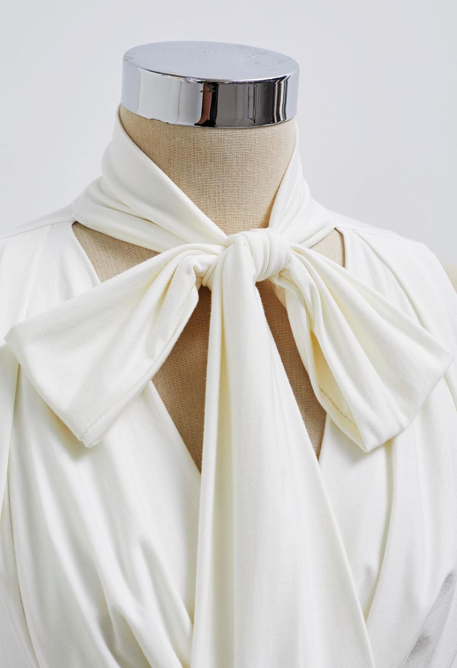 Self-Tie Bowknot Cowl Neck Ruched Top in Ivory