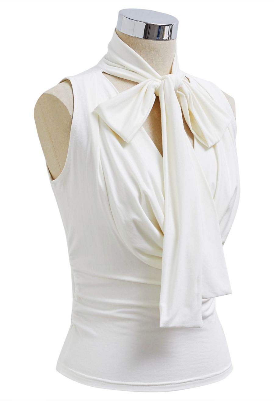 Self-Tie Bowknot Cowl Neck Ruched Top in Ivory