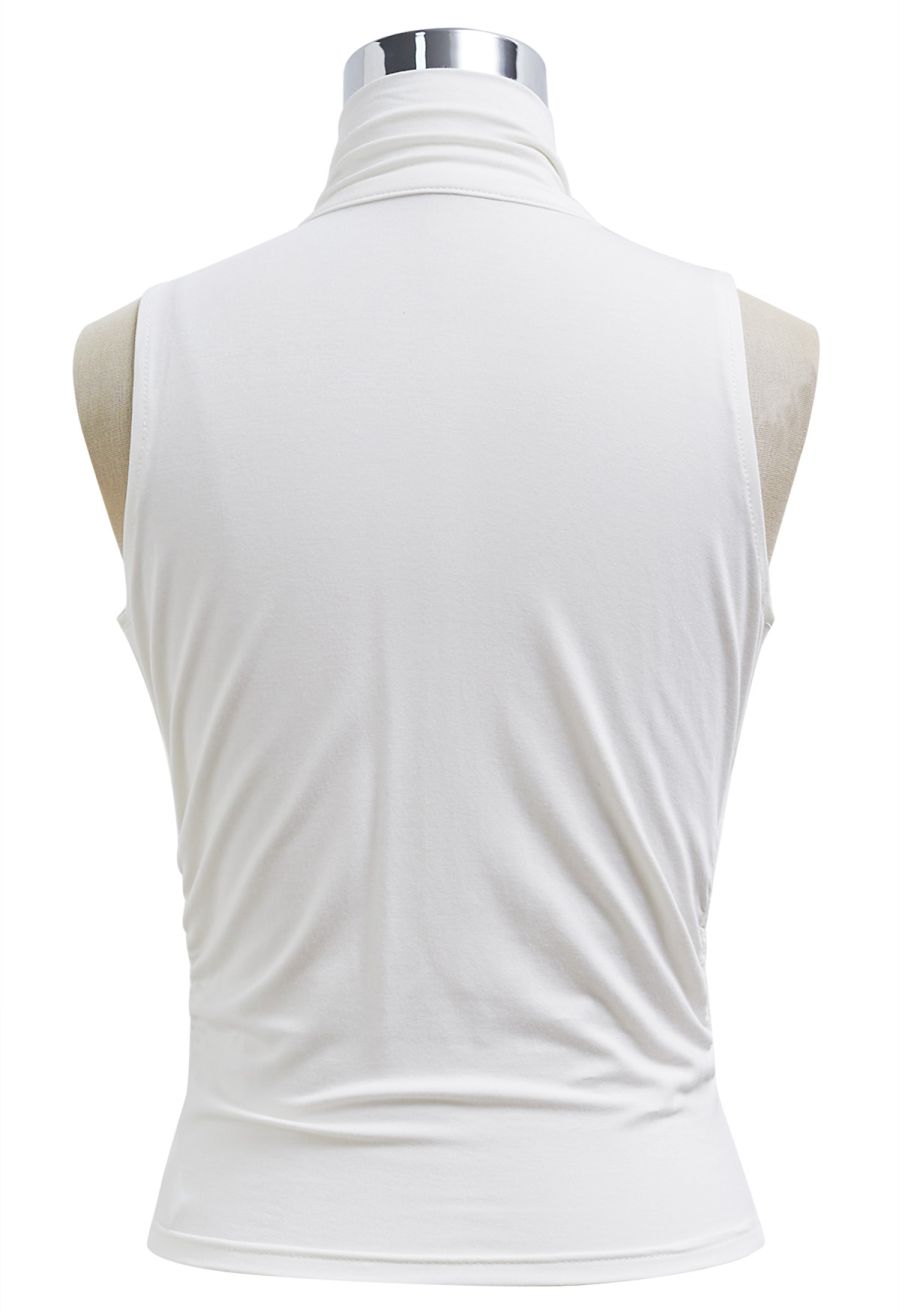 Self-Tie Bowknot Cowl Neck Ruched Top in Ivory