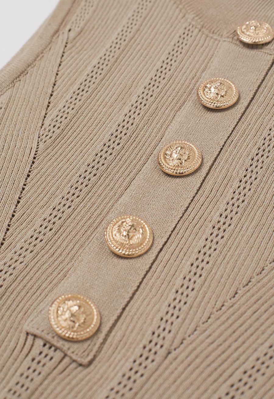 Golden Button Trim Sleeveless Rib Knit Top in Tan