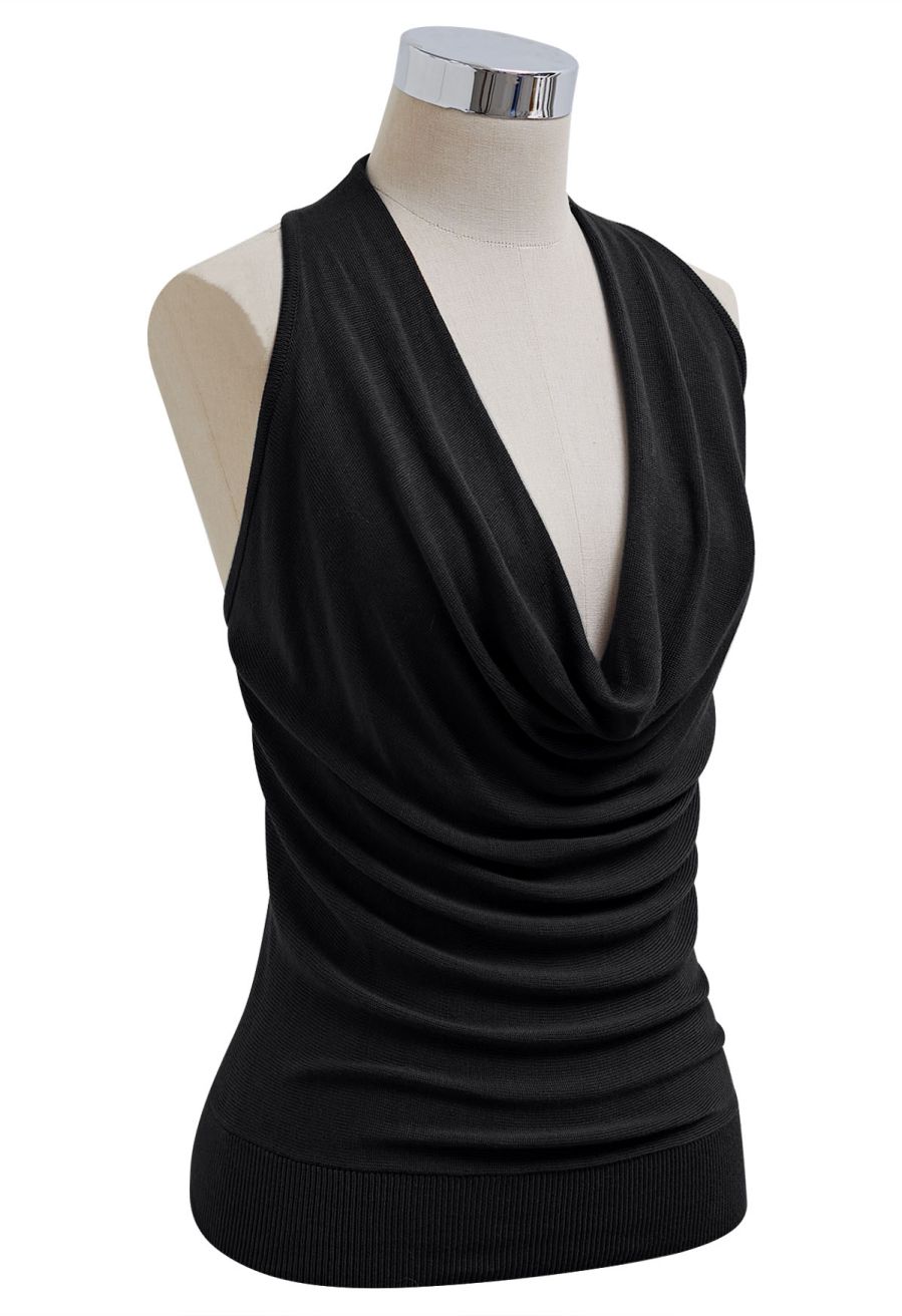 Knitted Cowl Neck Braided Open Back Sleeveless Top in Black
