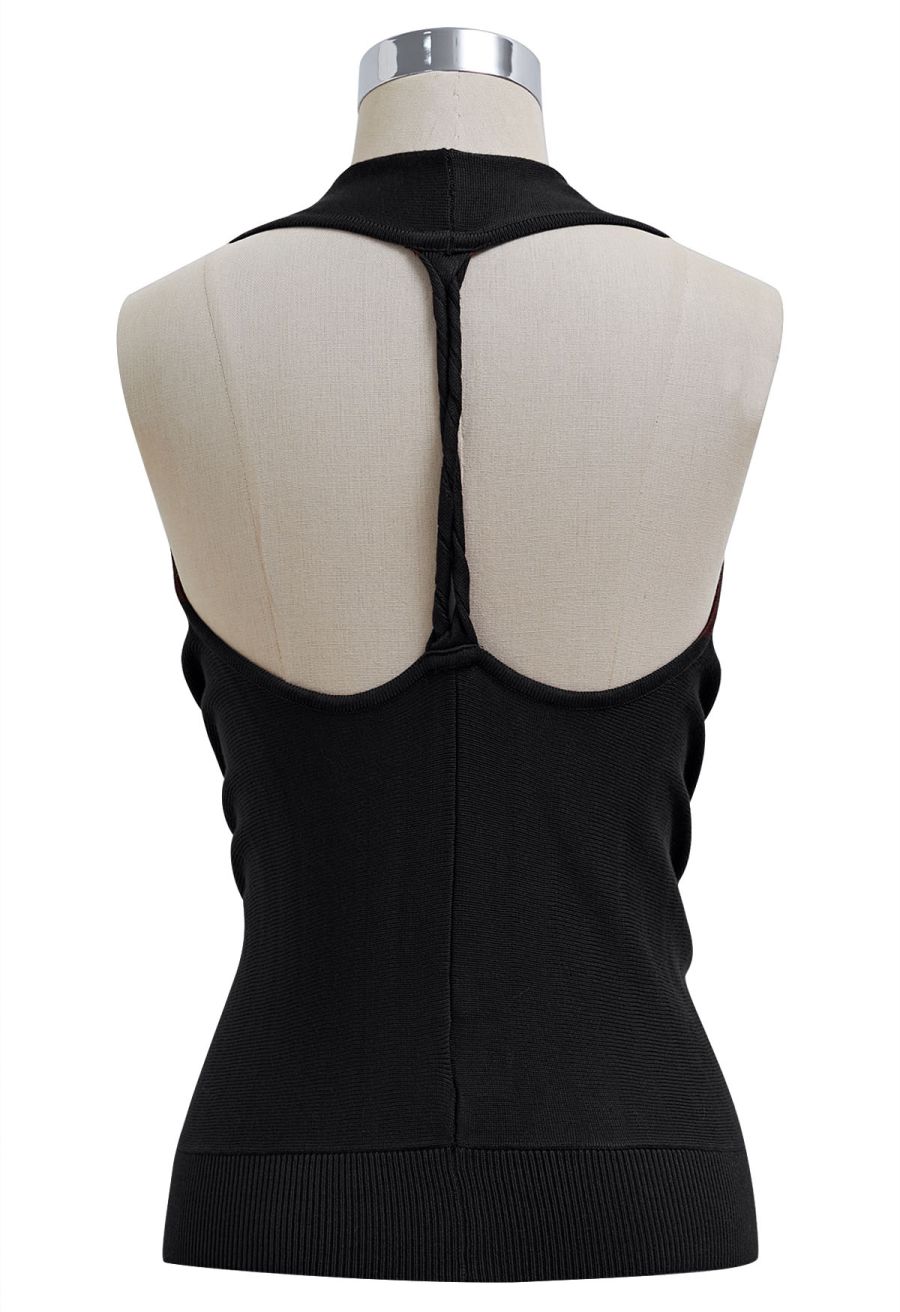 Knitted Cowl Neck Braided Open Back Sleeveless Top in Black