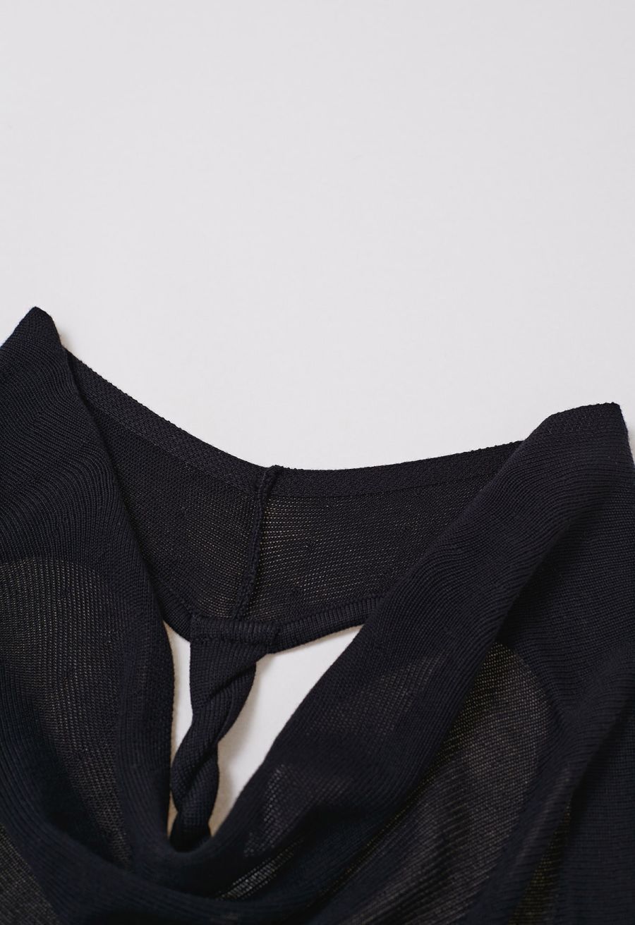 Knitted Cowl Neck Braided Open Back Sleeveless Top in Black