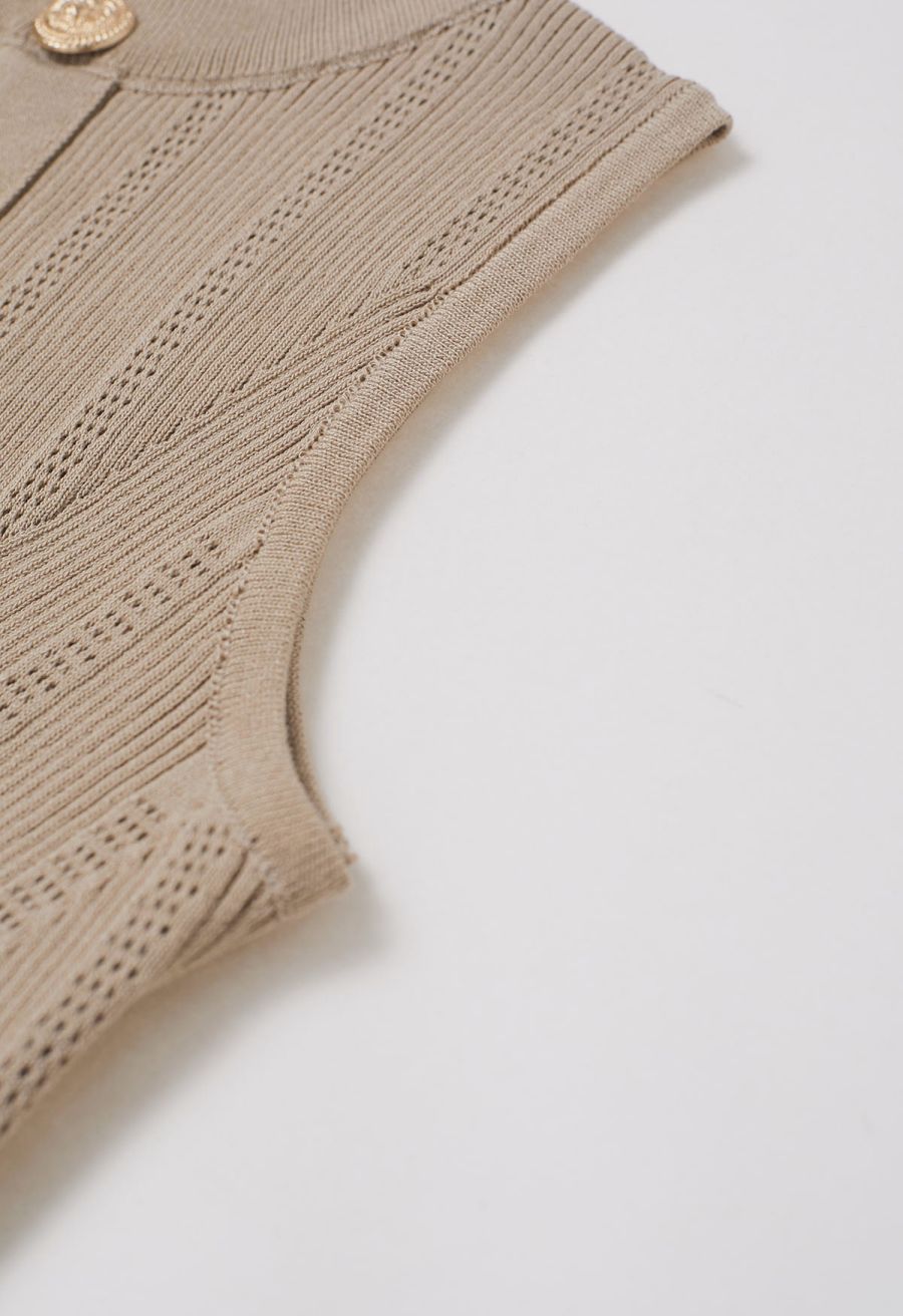 Golden Button Trim Sleeveless Rib Knit Top in Tan