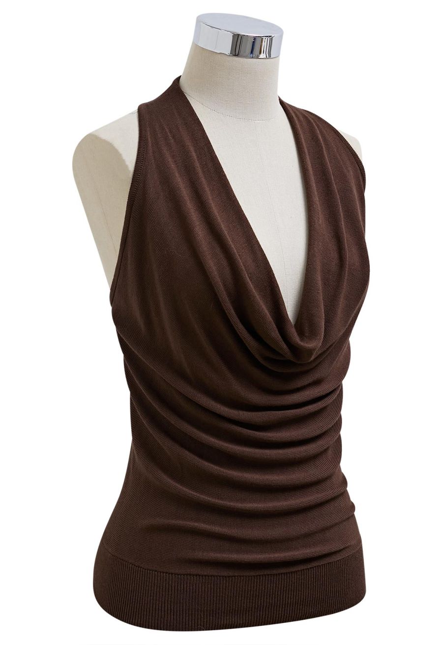 Knitted Cowl Neck Braided Open Back Sleeveless Top in Brown