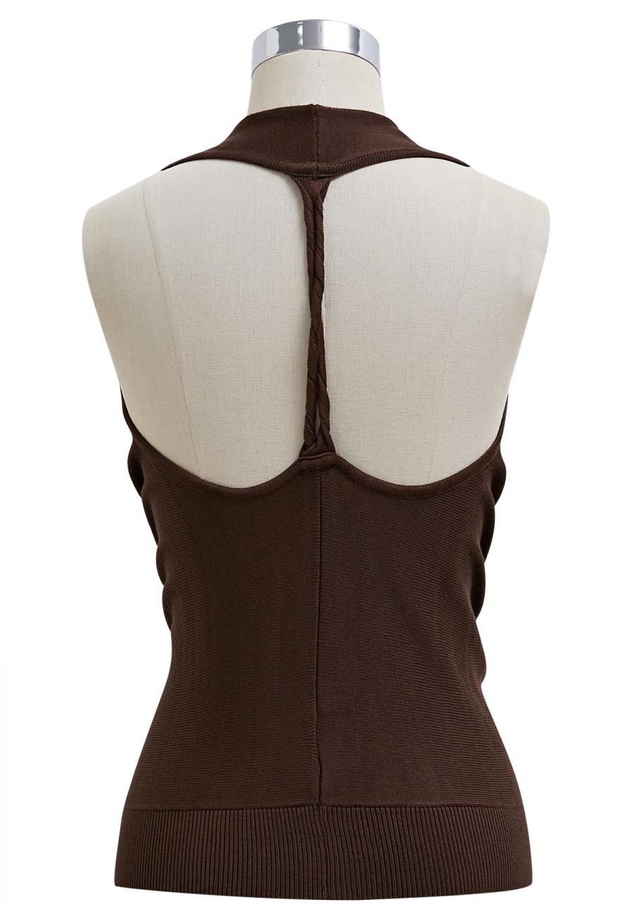 Knitted Cowl Neck Braided Open Back Sleeveless Top in Brown