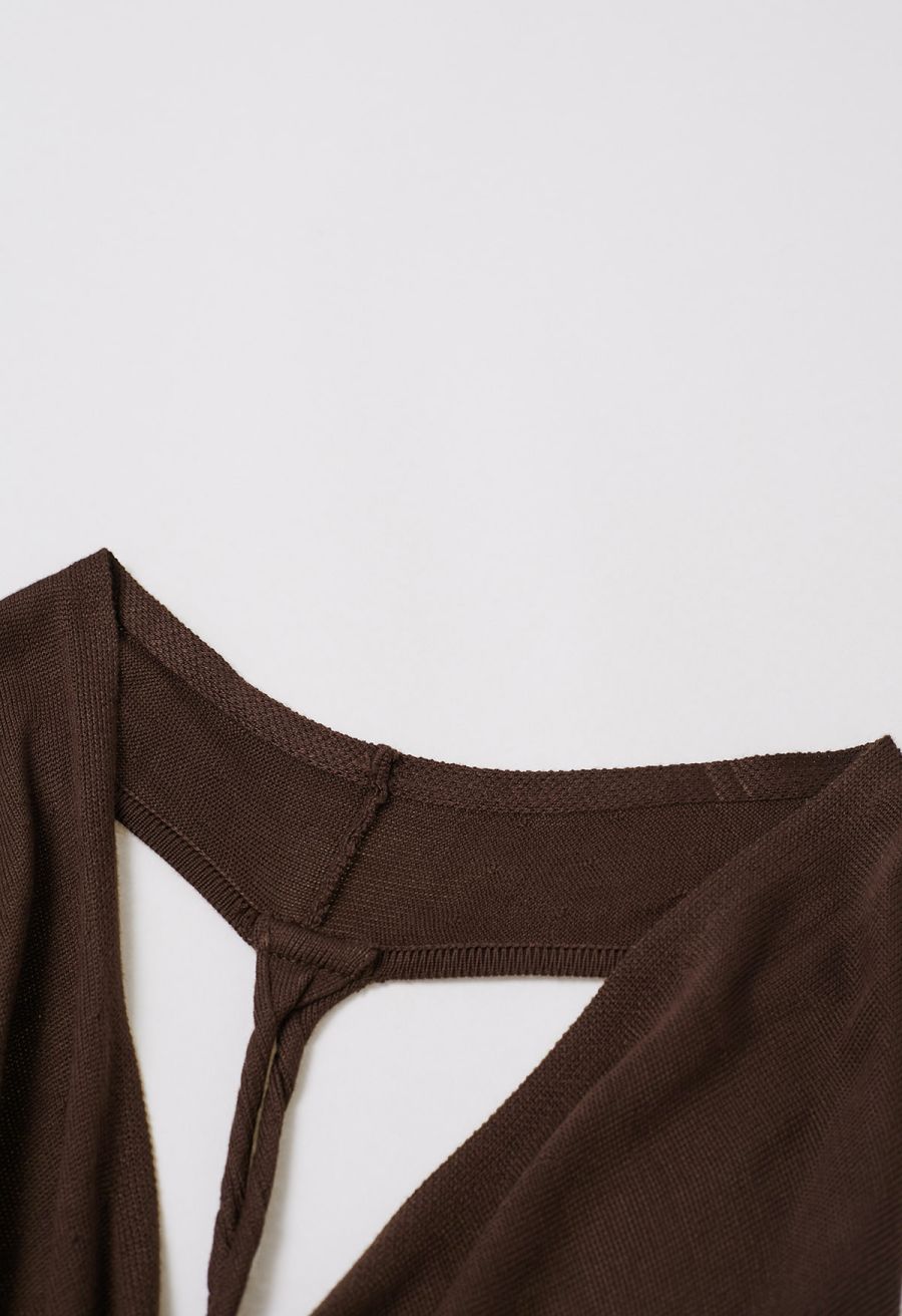 Knitted Cowl Neck Braided Open Back Sleeveless Top in Brown