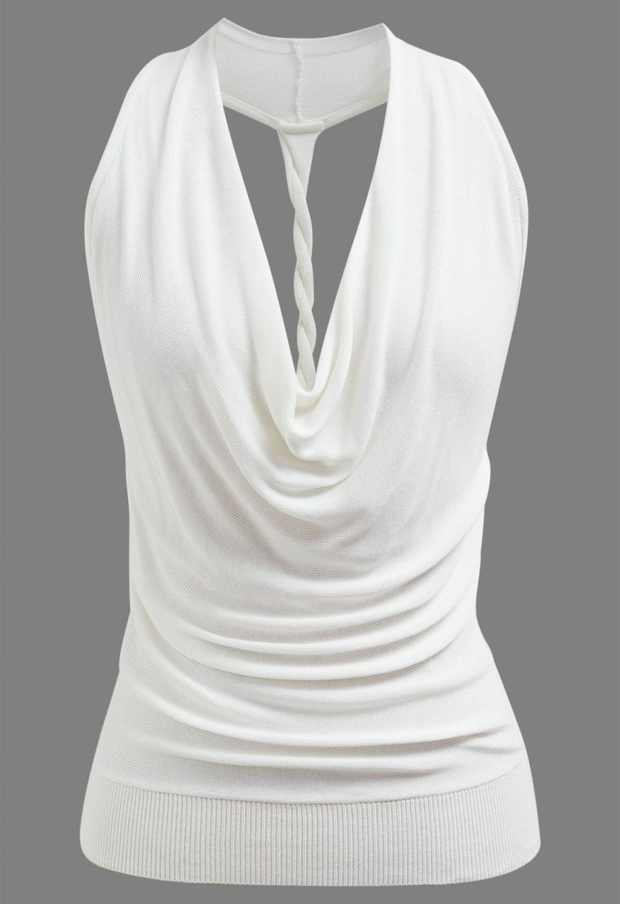 Knitted Cowl Neck Braided Open Back Sleeveless Top in White