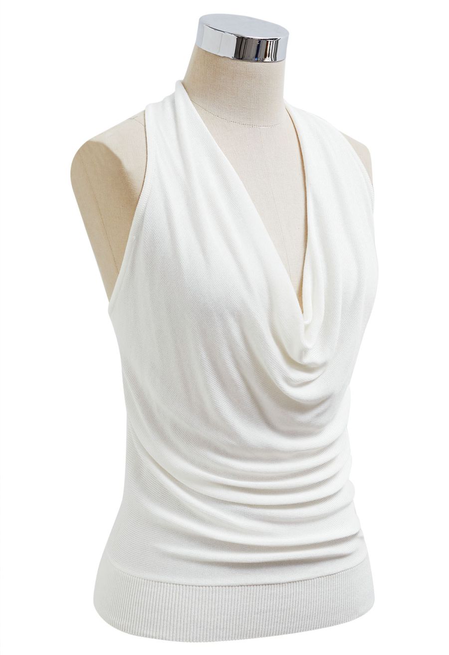Knitted Cowl Neck Braided Open Back Sleeveless Top in White