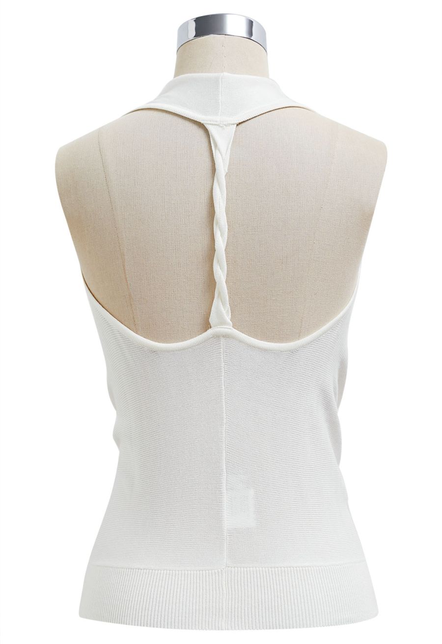 Knitted Cowl Neck Braided Open Back Sleeveless Top in White