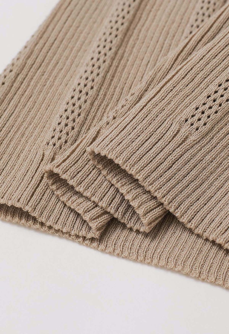 Golden Button Trim Sleeveless Rib Knit Top in Tan