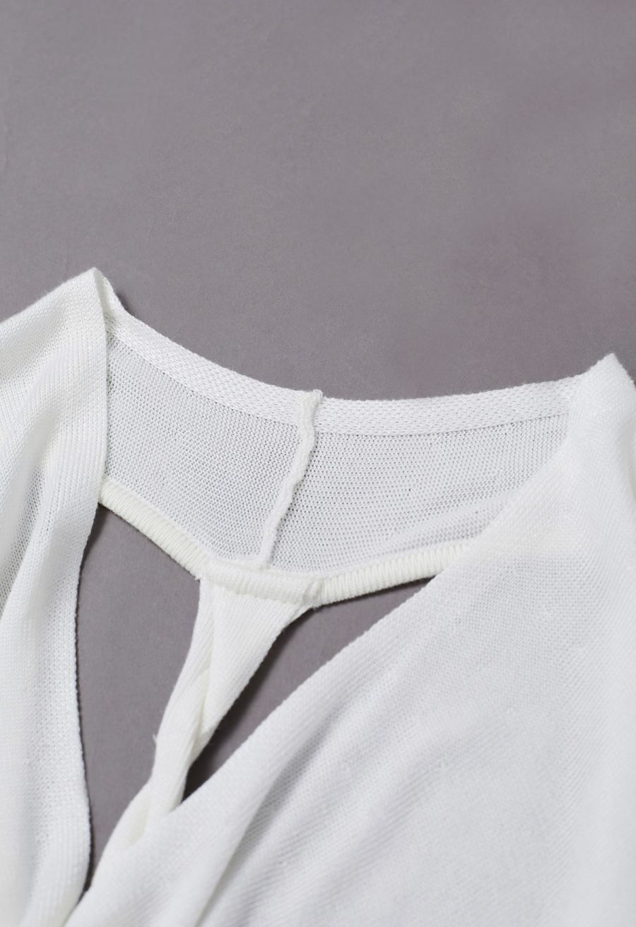 Knitted Cowl Neck Braided Open Back Sleeveless Top in White